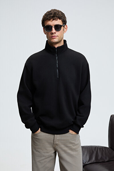 GRIMELANGE BAXTER Erkek Dik Yakalı Fermuarlı Relaxed Siyah Sweatshirt