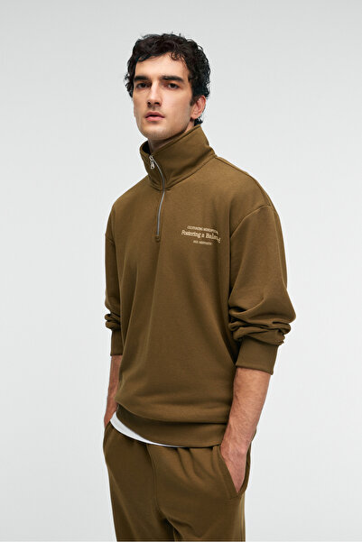 GRIMELANGE BRAM Мъжки 100% памук, с висока яка, полу-цип, с принт, каки суитшърт