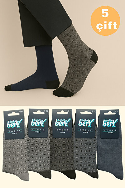 İbrahim Berk 5 Çift Erkek Dikişli Kareli Uzun Soket Çorap Karışık Renkli Klasik Çorap Seti
