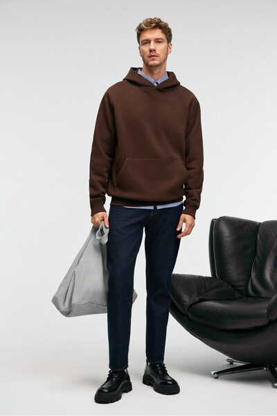 GRIMELANGE Amos men's soft fabric 3 thread o Oversized k Hooded kangaroo pocket bitter coffee sweatshirt