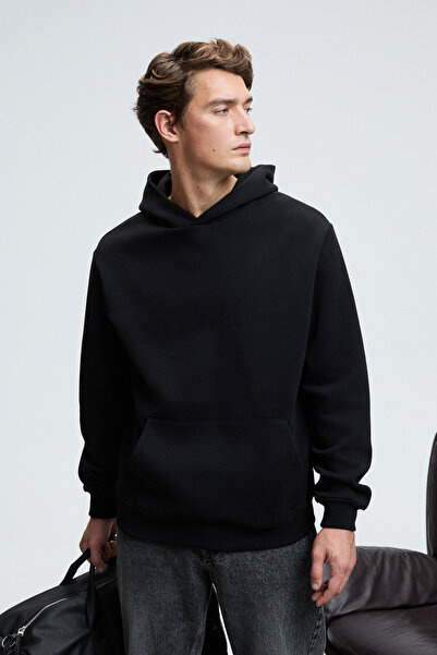 GRIMELANGE AMOS Erkek Yumuşak Kumaşlı 3 İplik Oversize Kapüşonlu Kanguru Cepli Siyah Sweatshirt