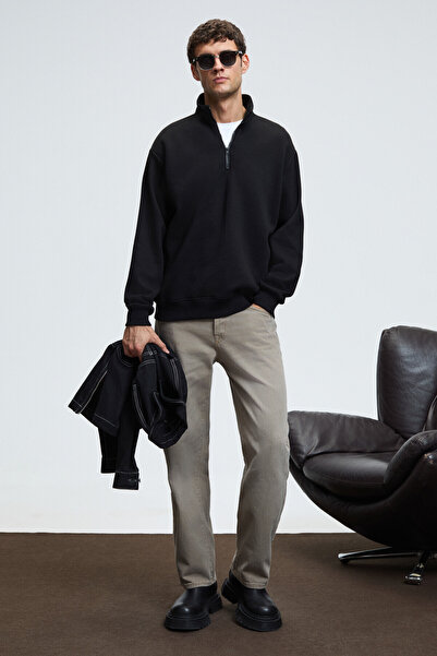 GRIMELANGE BAXTER Erkek Dik Yakalı Fermuarlı Relaxed Siyah Sweatshirt
