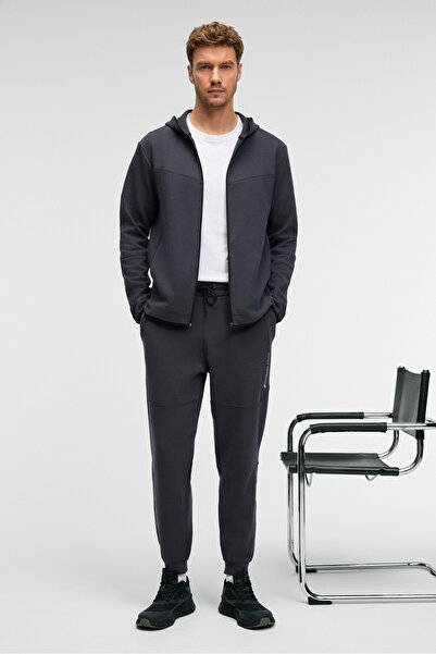 GRIMELANGE Gelido Men's Elastic Waist Cuffed Leg Drawstring Carioca Stitched Printed Anthracite Sweatpants