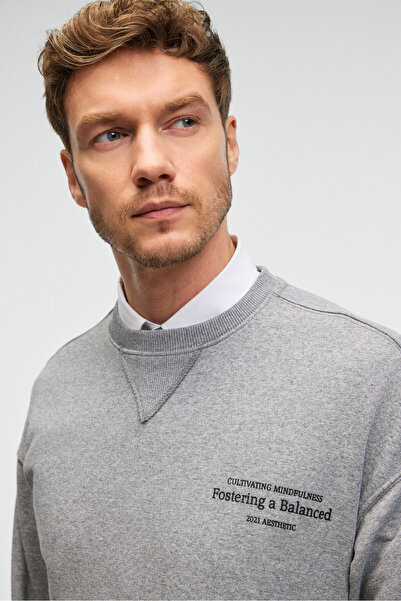 GRIMELANGE Ανδρικό φούτερ CASPIAN 100% βαμβακερό με λαιμόκοψη με ραμμένο εμπριμέ ανθρακί