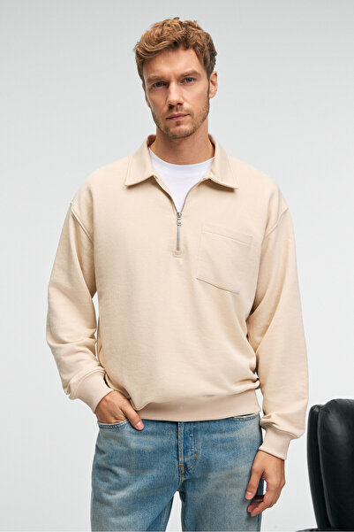 GRIMELANGE August Men's 100% Cotton Half Zip Collar Pocket Ornamental Label Beige Sweatshirt