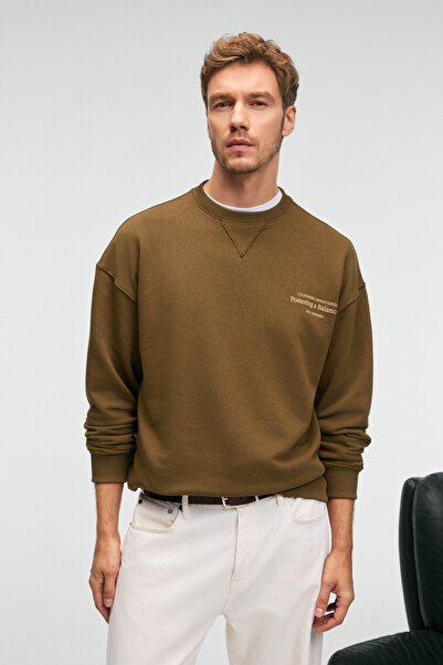 GRIMELANGE CASPIAN Erkek %100 Pamuk Bisiklet Yaka Karyoka Dikişli Baskılı Haki Sweatshirt