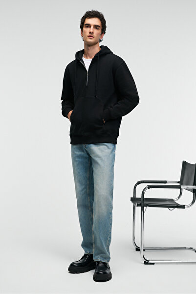 GRIMELANGE JUSTUS Erkek Kapüşonlu Kanguru Cepli Fermuar Yakalı Siyah Sweatshirt