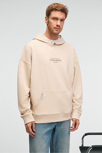 GRIMELANGE CLAY Ανδρικό φούτερ από 100% βαμβακερό κουκούλα με στάμπα τσέπης με στολίδι και ετικέτα κρέμα