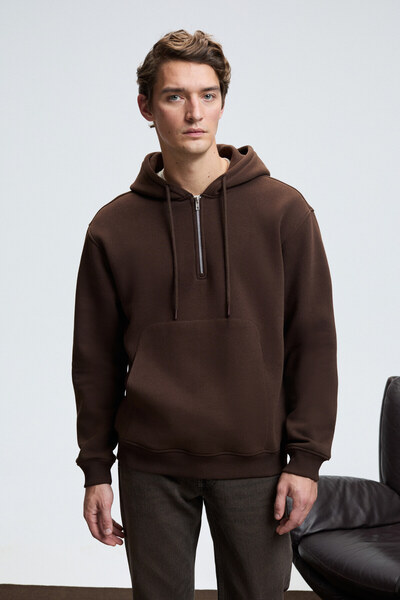 GRIMELANGE Justus Men's Hooded Kangaroo Pocket Zipper Collar Brown Sweatshirt
