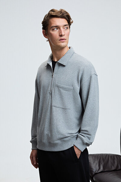 GRIMELANGE August Men's 100% Cotton Half Zip Collar Pocket Ornamental Label Grimelange Sweatshirt