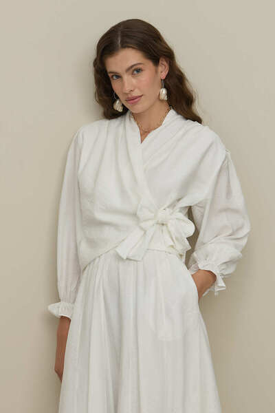 Fahhar Ecru Traditional Tie-Up Textured Blouse