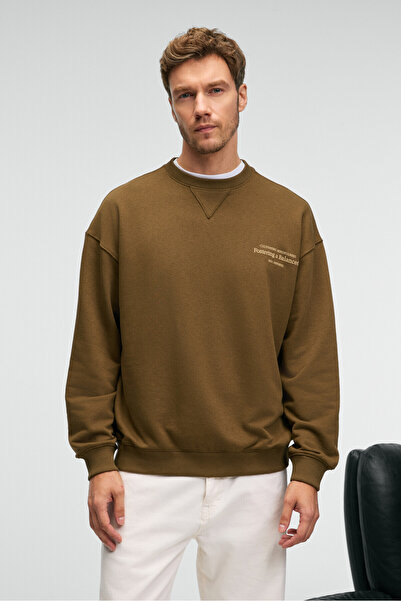 GRIMELANGE CASPIAN Ανδρικό φούτερ από 100% βαμβακερό λαιμόκοψη με ραμμένο εμπριμέ χακί