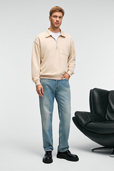 GRIMELANGE August Men's 100% Cotton Half Zip Collar Pocket Ornamental Label Beige Sweatshirt