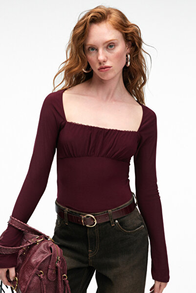 GRIMELANGE Silivra Women's Slim Fit Burgundy Blouse with Pool Collar and Stretch Fabric