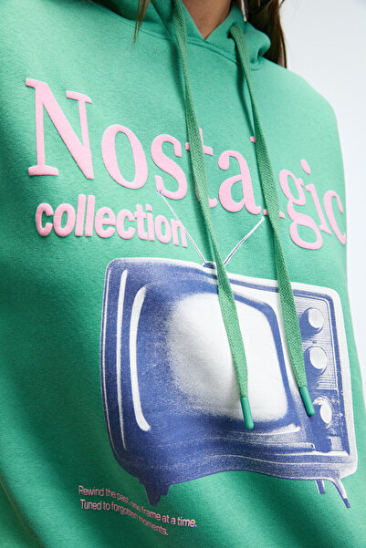 GRIMELANGE Slopane Women's Relaxed Fit Hooded Printed Green Sweatshirt