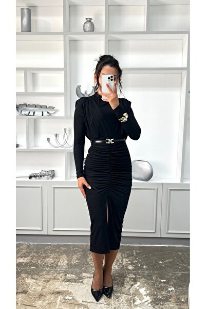 Afiş Butik Siyah Simli Vatkalı Yırtmaçlı Kemerli Elbise