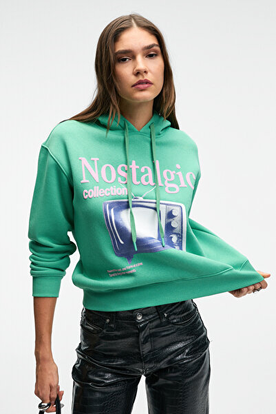 GRIMELANGE Slopane Women's Relaxed Fit Hooded Printed Green Sweatshirt