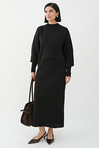 InStyle Fekete léggömb ujjú kötöttáru szett - ruhával