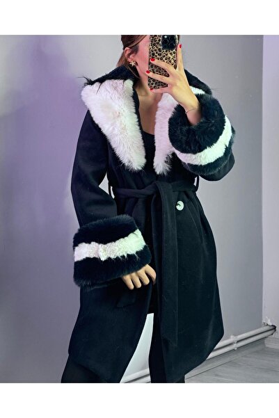 Qenz Double Color Sheepskin Coat with Collar and Sleeves - Navy Blue