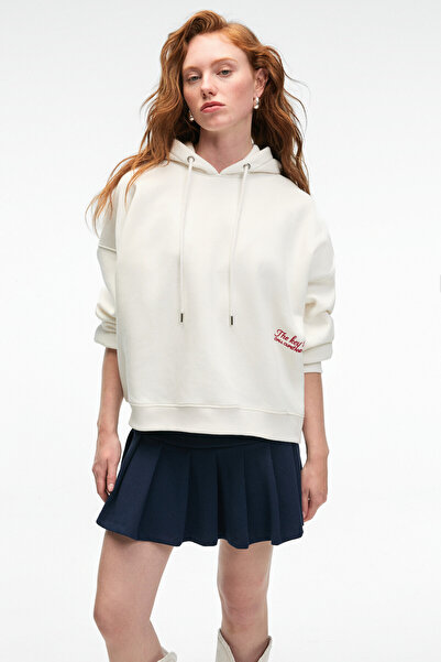 GRIMELANGE JASSES Kadın Oversize Nakışlı Kapüşonlu Beyaz Sweatshirt