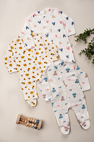 ENİA BABY Kız Erkek Bebek Desenli Renkli 3lü Tulum Takımı Yenidoğan Kıyafet 0-3 ay