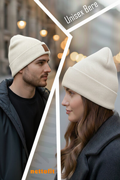 nettofit Unisex Men's Women's Winter Soft Ecru Wool Beret with Leather Label Detail