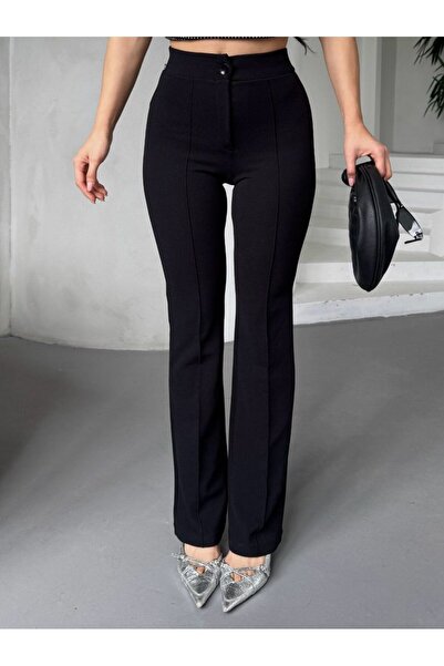 miyase life Dámské černé kalhoty Palazzo z krepové tkaniny Lycra Front Grassy