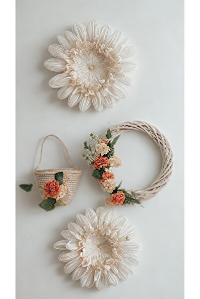 Bence Koleksiyon Bambu İkili Kapı ve Duvar Süsü Seti – Çiçekli Jüt Sepet & Yuvarlak Bambu Çiçekli Dekoratif Aksesuar