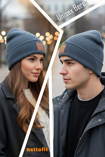nettofit Unisex Kışlık Deri Etiket Detaylı Indigo Yün Bere