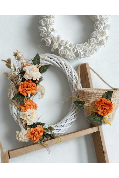 Bence Koleksiyon Bambu İkili Kapı ve Duvar Süsü Seti – Çiçekli Jüt Sepet & Yuvarlak Bambu Çiçekli Dekoratif Aksesuar