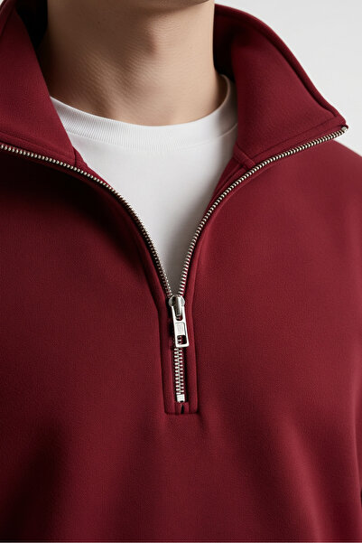 COMBİNE MİCHAİL Men's Basic Burgundy Half Zipper Sweatshirt