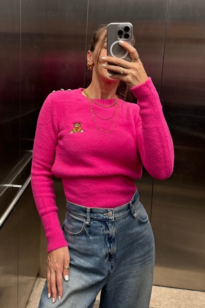 Noi Belis Pulover tricotat cu broderie cu ursuleț cu textura moale AW25KZ0031