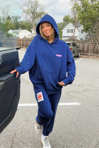 The Champ Clothing Nagy méretű női tréningruha szett Cherry STARFIT nyomott mintás tengeri – 3 szálas polár, kapucnis, gumírozott szárú