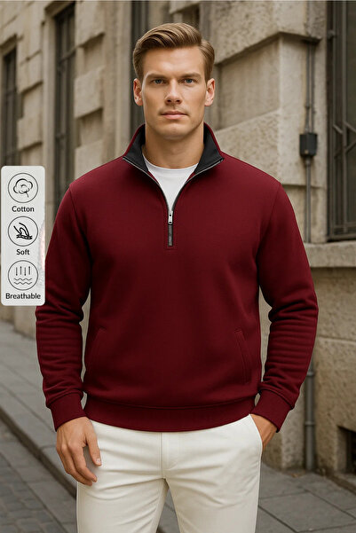 COMBİNE MİCHAİL Men's Basic Burgundy Half Zipper Sweatshirt