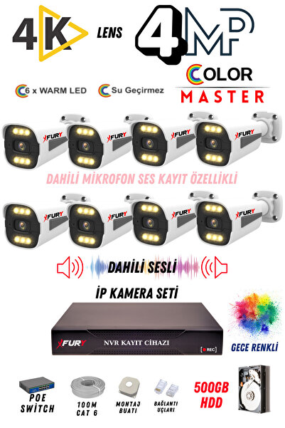 FURY 8 Kameralı Sesli 4k Lens 4MP Ultra HD Ip Güvenlik Kamerası Seti Gece Renkli Su Geçirmez 1506 500GB