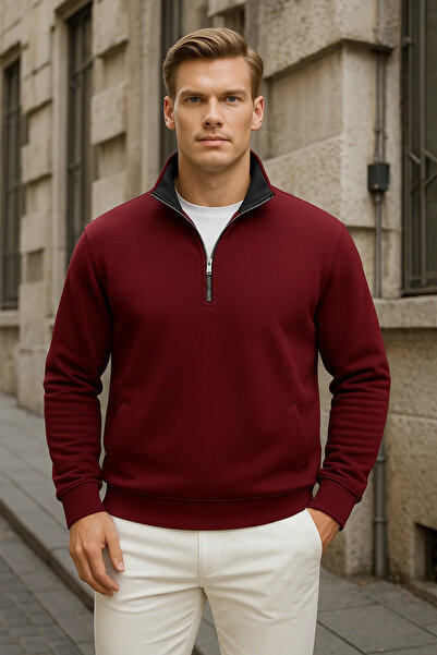 COMBİNE MİCHAİL Men's Basic Burgundy Half Zipper Sweatshirt