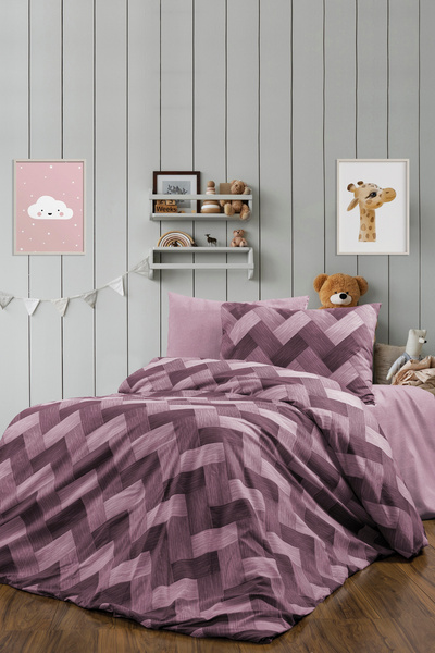 CANDAN ÇEYİZ Lastikli Çarşaflı Tek Kişilik Nevresim Takımı Zikzak Mürdüm