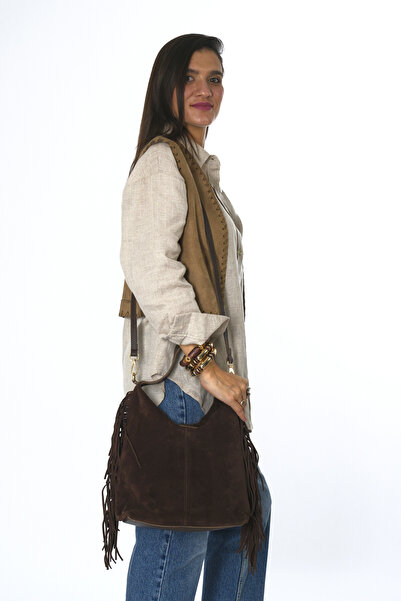 ABBRA Women's Real Suede Leather Puppy Bag with Tassels on the Sides