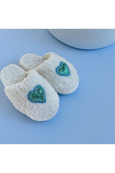 Bmp Terlik Plush Blue Bead Heart Children's Home Slippers