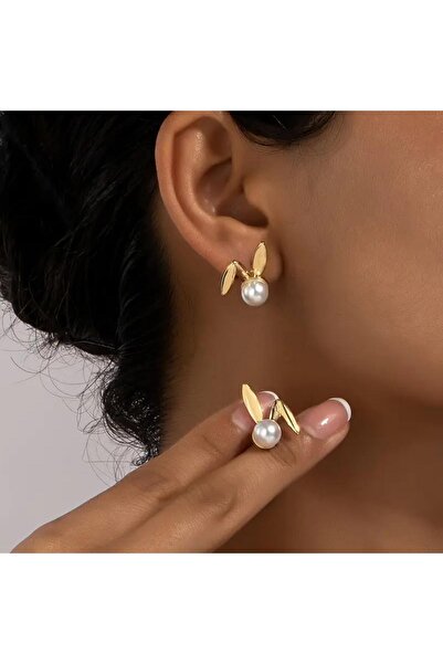 toptanhanem Gold Color Pearl Earrings with Rabbit Ear Design – Women's Steel ...