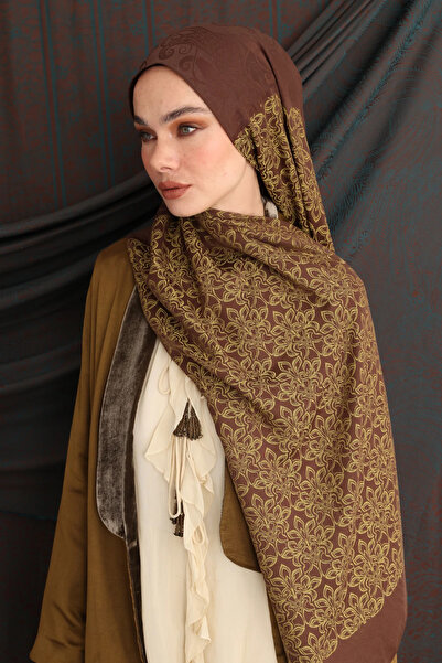 Mooncorn Nora Patterned Double-Sided Brown-Salmon Shawl