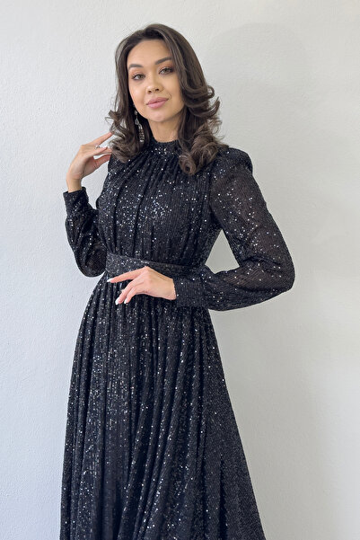 zks grup tekstil Women's Sequin Sequin Drawstring Detail Maxi Evening Dress with Belt Black, Beige, Navy, Red