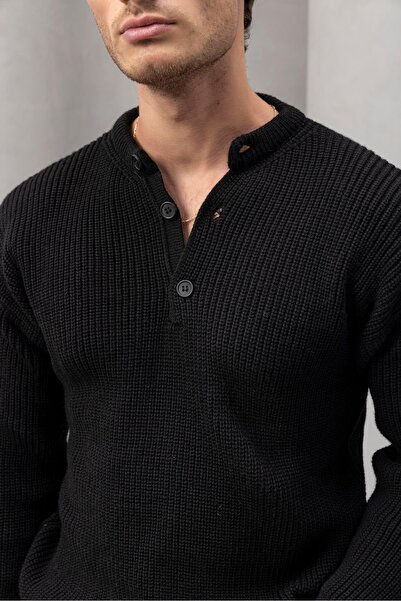 Valiberta Wes Thessaloniki Knitted 3 Button Half Placket Comfortable Fit Men's Knitwear Sweater - Black
