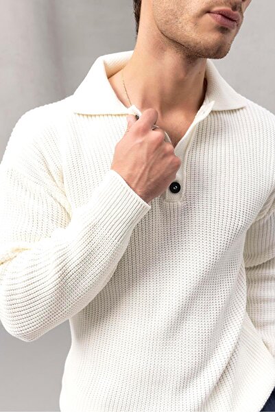Valiberta Oversize Thessaloniki Knitted 4 Button Half Placket Comfortable Fit Men's Knitwear Sweater - Ecru