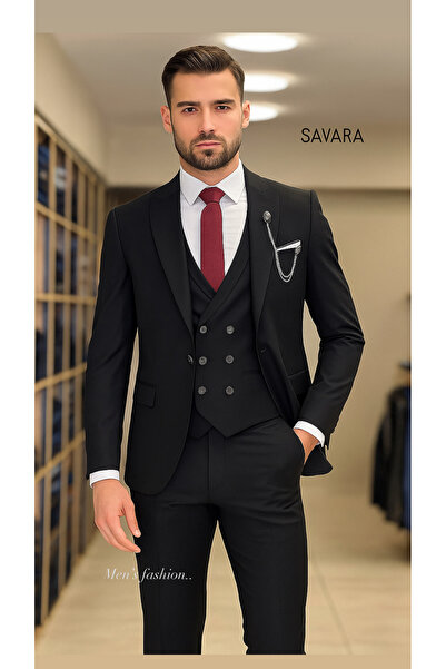 SAVARA Slimfit Suit with Plain Black Vest (with Chain Gift)