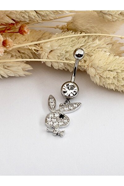 Siya Silver Zirkon Taşlı Çelik Sallantılı Playboy Tavşan Göbek Piercingi - 4 cm