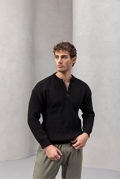 Valiberta Wes Thessaloniki Knitted 3 Button Half Placket Comfortable Fit Men's Knitwear Sweater - Black