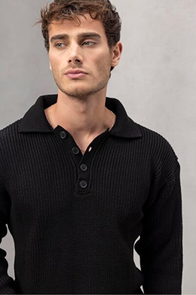 Valiberta Оверсайз-светр з 4 ґудзиками, напівзакритий, вільний крій, чоловічий трикотажний светр - чорний