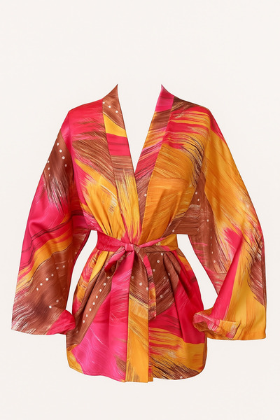 Glowear Atelier Mixed Pattern Satin Belted Design Kimono