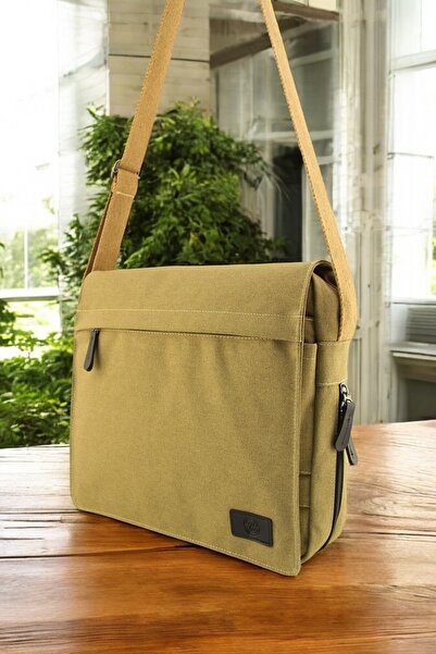 QUB CLUB Postman Camel Business School Canvas Waterproof Gusseted Briefcase Street Bag
